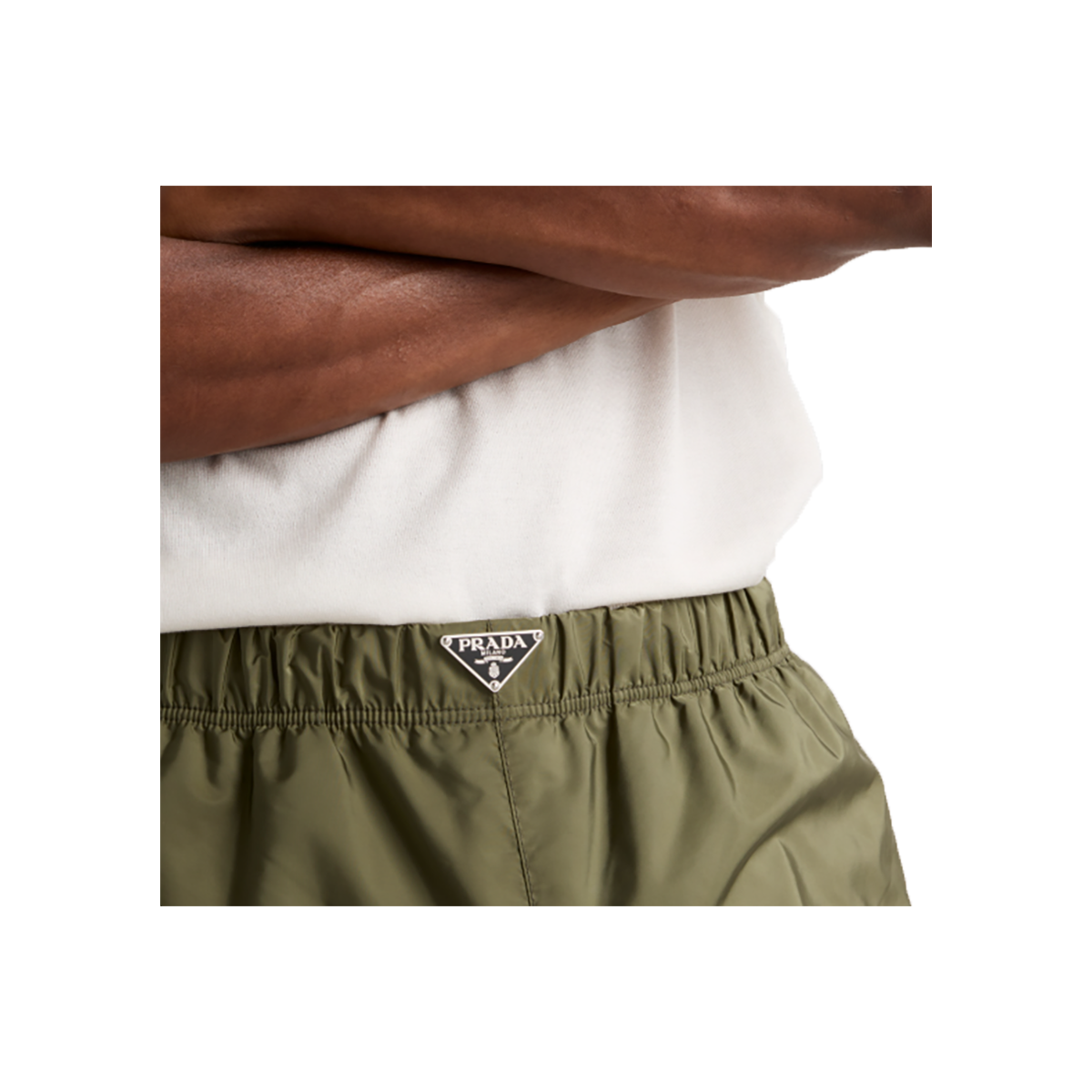 PRADA RE-NYLON LOGO BADGE SWIM SHORTS IN MILITARY GREEN
