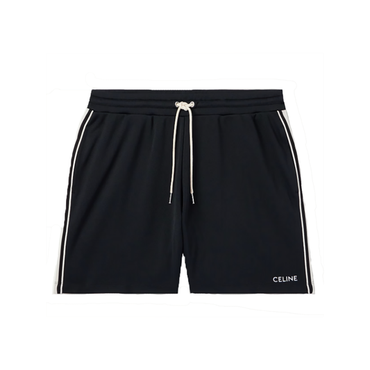 CELINE STRAIGHT LEG LOGO-EMBROIDERED STRIPED JERSEY SHORTS IN BLACK