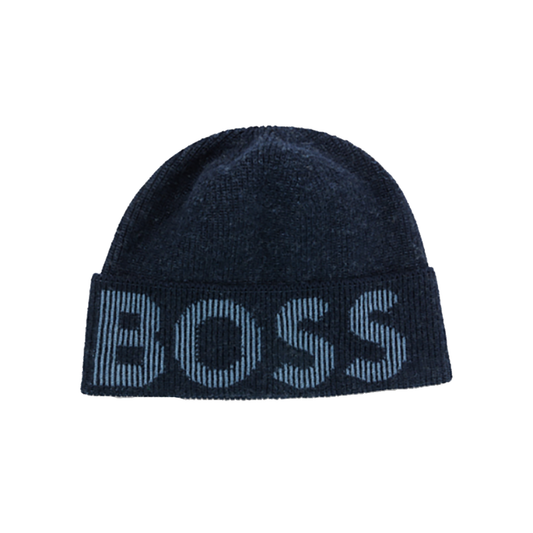 BOSS KNITTED-LOGO BEANIE HAT IN NAVY