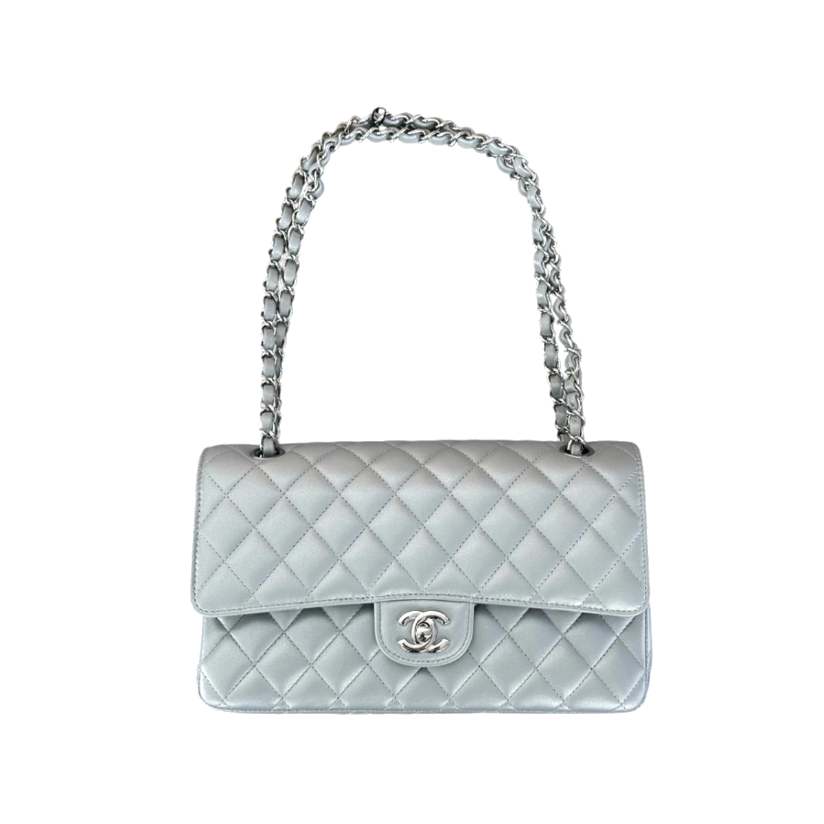 PRELOVED CHANEL SILVER QUILTED MEDIUM FLAP BAG