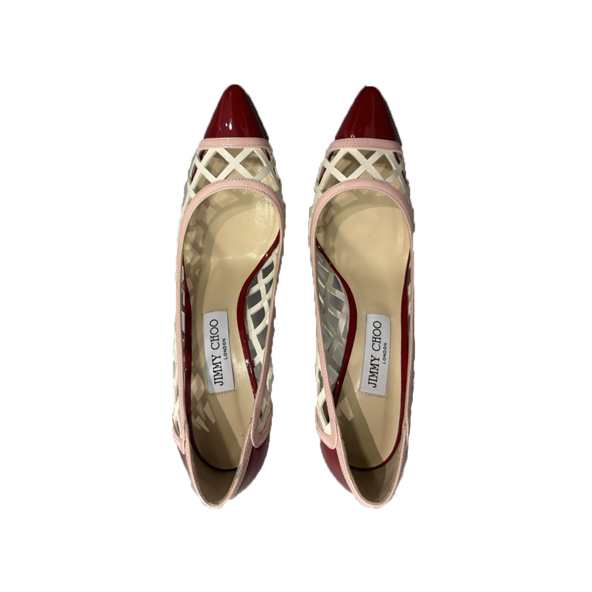 PRELOVED JIMMY CHOO NET HEELS IN WHITE AND RED