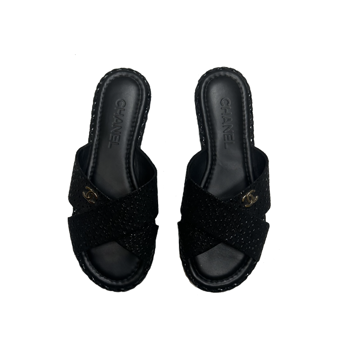 PRELOVED CHANEL LOGO GLITTER SANDLES IN BLACK