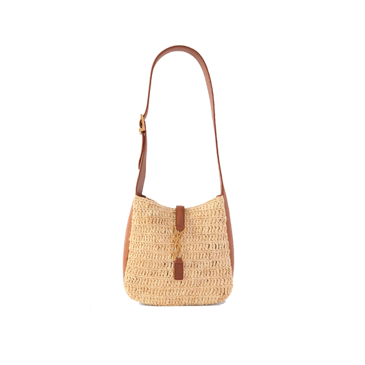 SAINT LAURENT LEATHER-TRIMMED RAFFIA SHOULDER BAG IN BEIGE