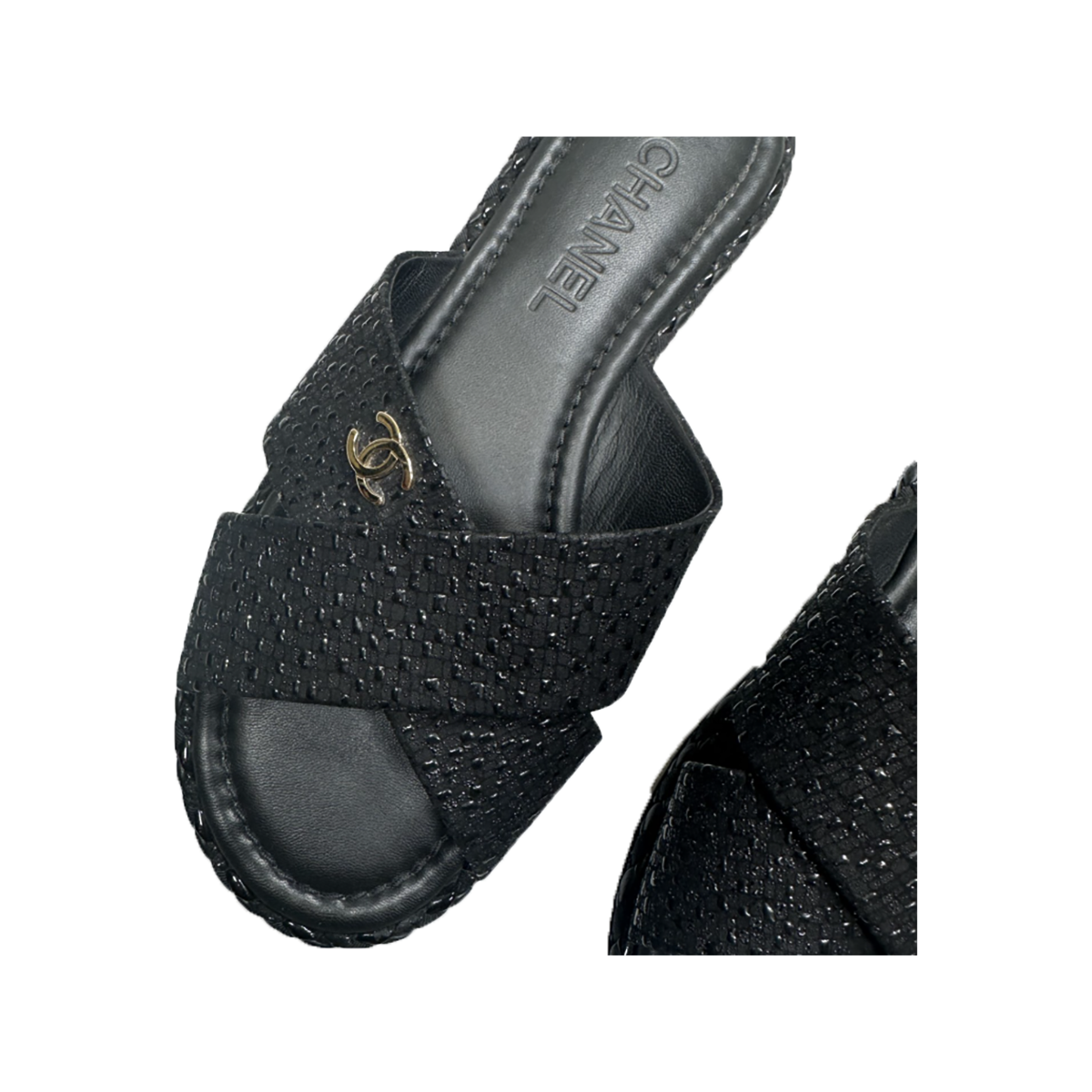 PRELOVED CHANEL LOGO GLITTER SANDLES IN BLACK