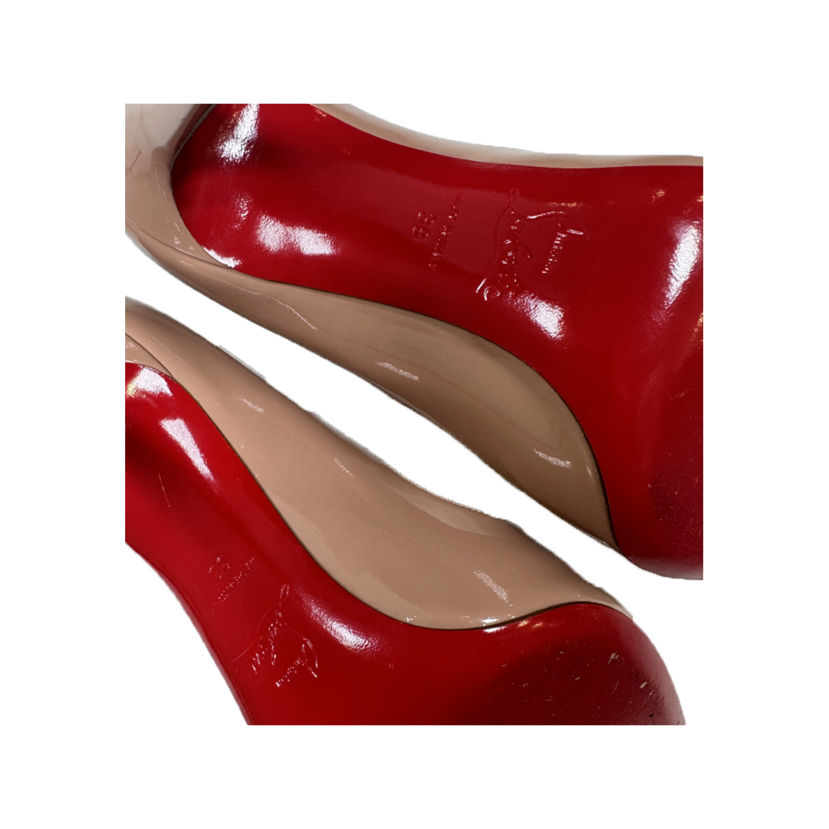 PRELOVED CHRISTIAN LOUBOUTIN HOT CHICK 100 PATENT-LEATHER HEELS IN NUDE