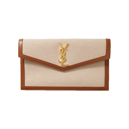SAINT LAURENT UPTOWN LEATHER TRIMMED CLUTCH IN TAN