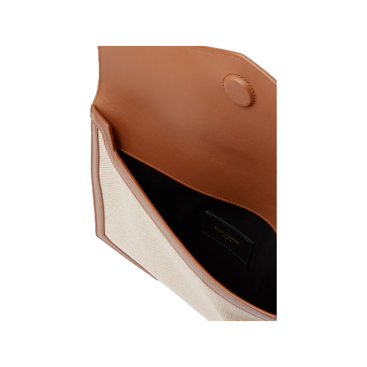 SAINT LAURENT UPTOWN LEATHER TRIMMED CLUTCH IN TAN
