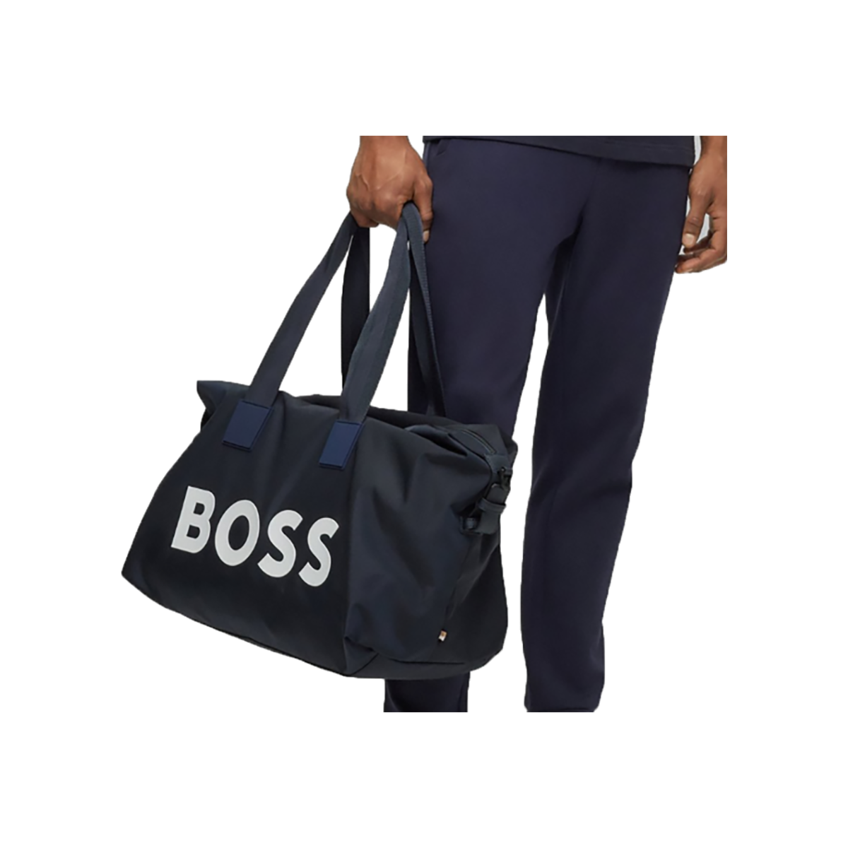 BOSS LOGO HOLDALL IN PATTERNED FABRIC IN NAVY