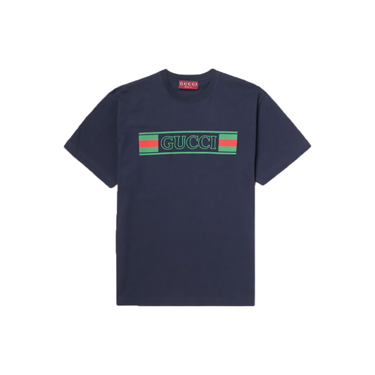 GUCCI LOGO-FLOCKED PRINTED COTTON T-SHIRT IN BLUE