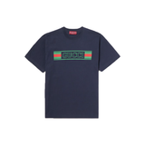 GUCCI LOGO-FLOCKED PRINTED COTTON T-SHIRT IN BLUE