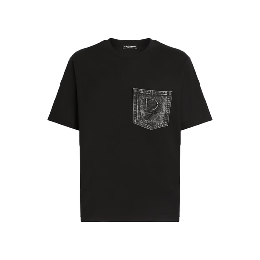 DOLCE & GABBANA COTTON DENIM-PATCH T-SHIRT IN BLACK