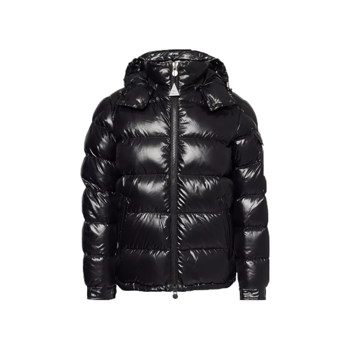 MONCLER MAYA LOGO PATCH SHELL DOWN JACKET IN BLACK