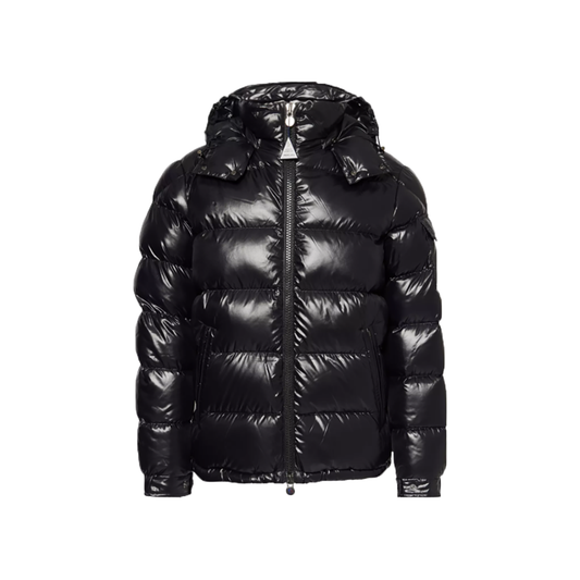 MONCLER MAYA LOGO PATCH SHELL DOWN JACKET IN BLACK