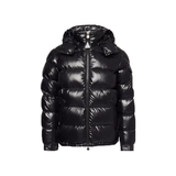 MONCLER MAYA LOGO PATCH SHELL DOWN JACKET IN BLACK