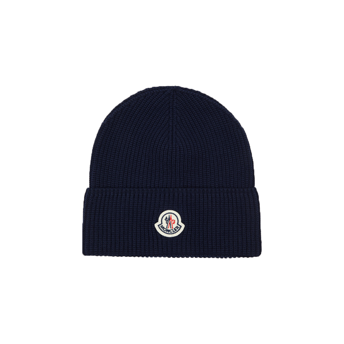 MONCLER LOGO RIBBED COTTON BEANIE IN NAVY