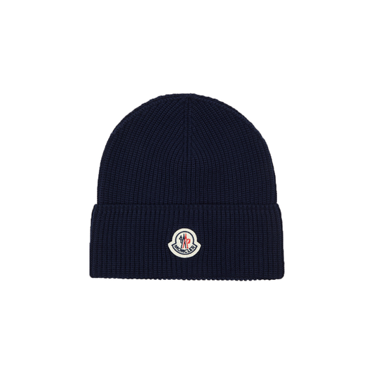 MONCLER LOGO RIBBED COTTON BEANIE IN NAVY