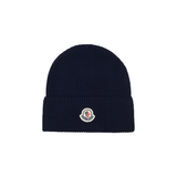 MONCLER LOGO RIBBED COTTON BEANIE IN NAVY