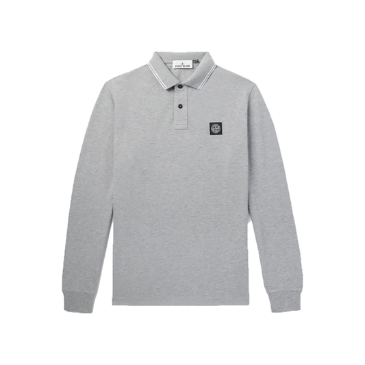 STONE ISLAND LOGO PATCH LONG SLEEVE POLO IN GREY
