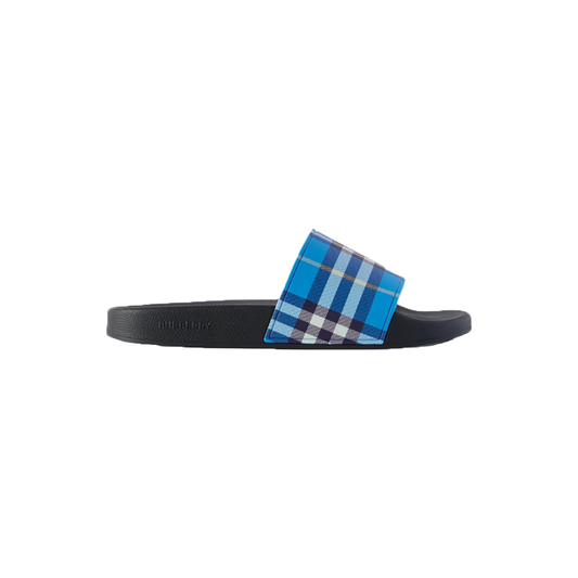 BURBERRY CHECKED CANVAS SLIDERS IN BLUE