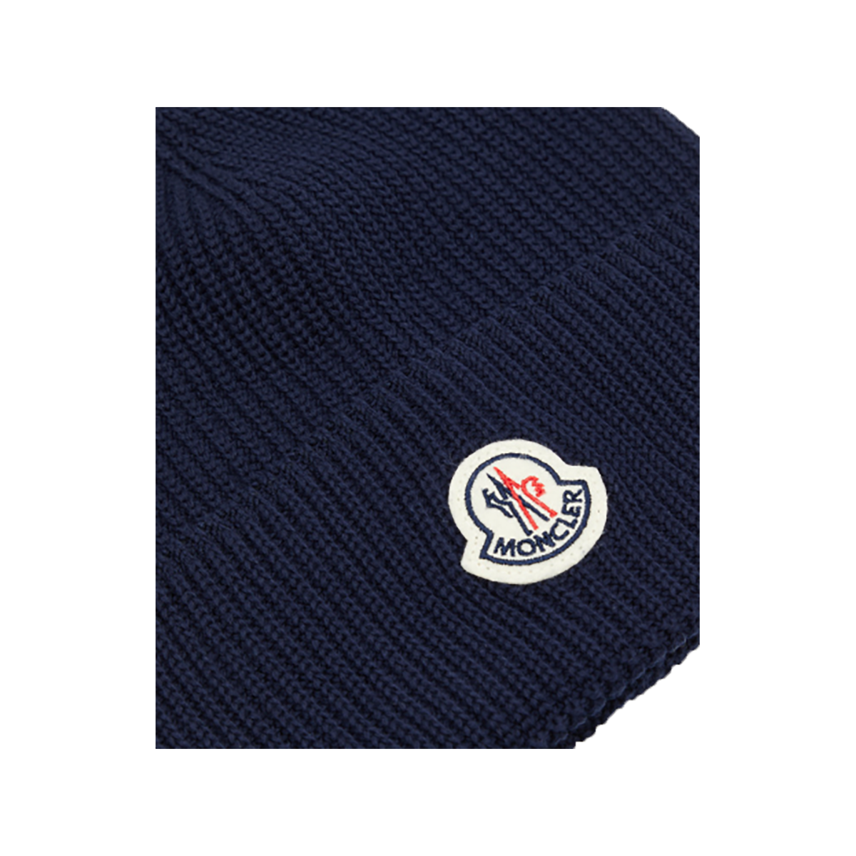 MONCLER LOGO RIBBED COTTON BEANIE IN NAVY
