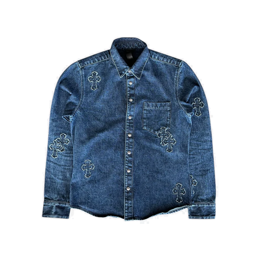 PRELOVED CHROME HEARTS EMBROIDRED CROSS PATCH DENIM SHIRT