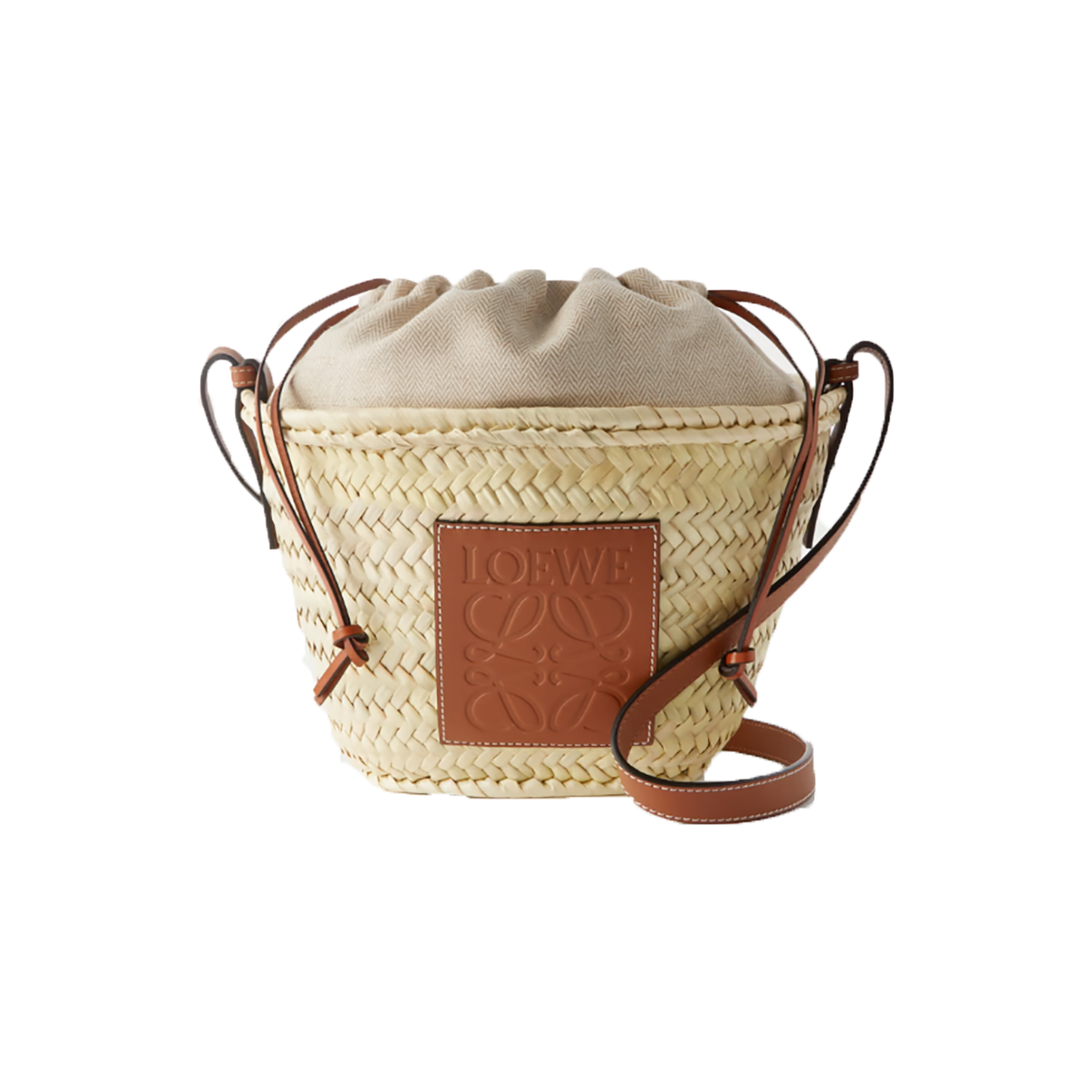 LOEWE PAULAS IBIZA RAFFIA BUCKET BAG IN TAN