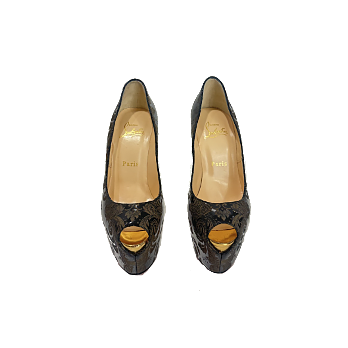 PRLOVED CHRISTIAN LOUBOUTIN PATENT ARABESQUE MOTIF 160 HIGHNESS HEELS