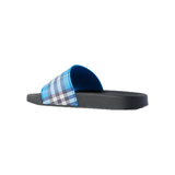 BURBERRY CHECKED CANVAS SLIDERS IN BLUE