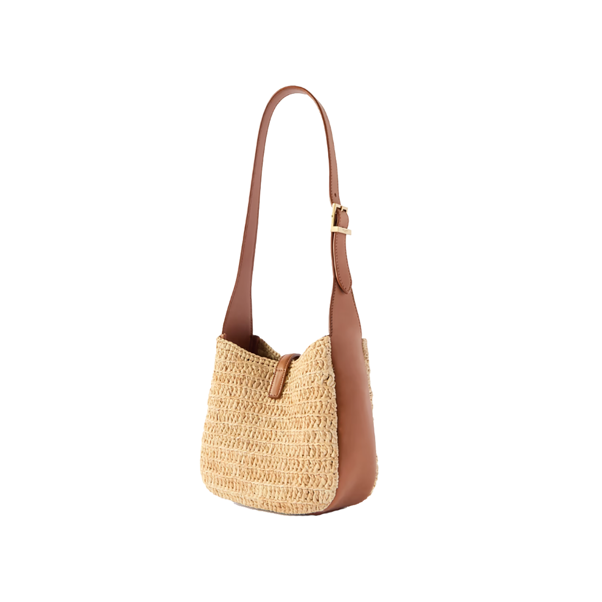 SAINT LAURENT LEATHER-TRIMMED RAFFIA SHOULDER BAG IN BEIGE