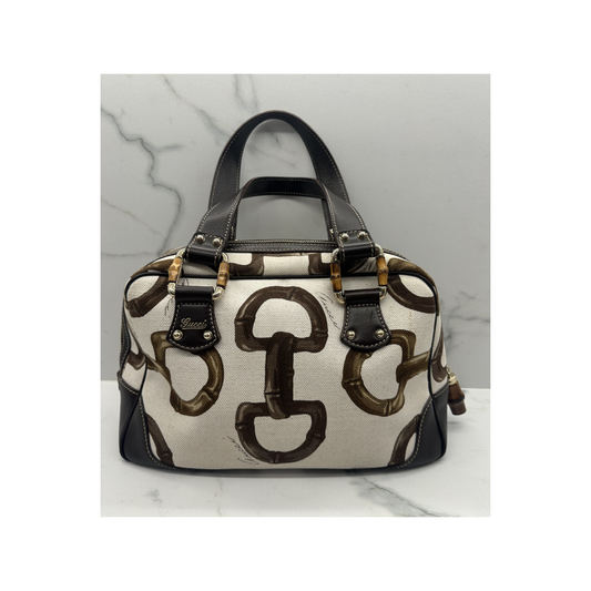 PRELOVED GUCCI BAMBOO HORSEBIT CANVAS BAG IN BEIGE