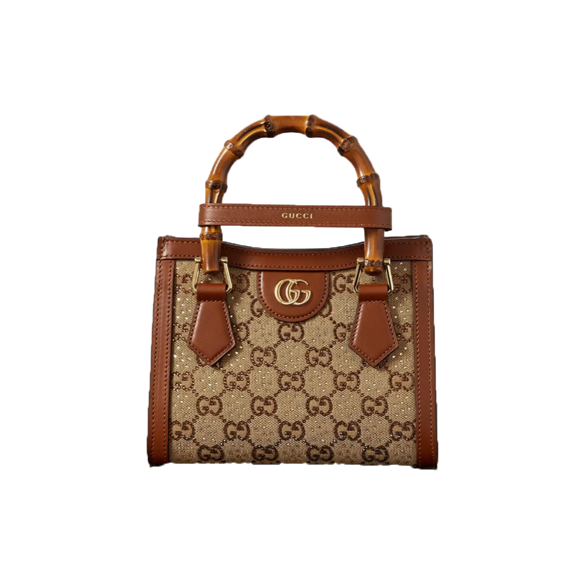 GUCCI DIANA MINI LEAHER-TRIMMED CRYSTAL-EMBELLISHED CANVAS-JACQUARD TOTE