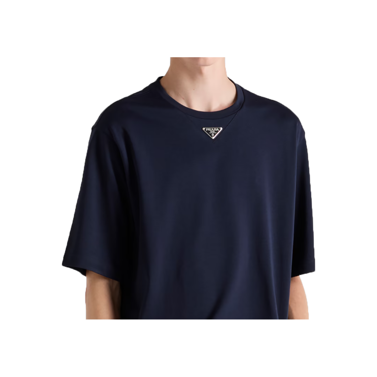 PRADA NAVY COTTON LOGO BADGE T-SHIRT IN NAVY