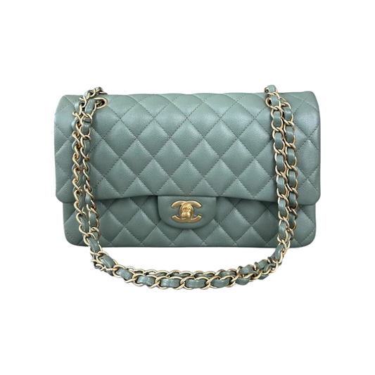 CHANEL QUILTED LEATHER CAVIAR MEDIUM FLAP BAG IN GREEN