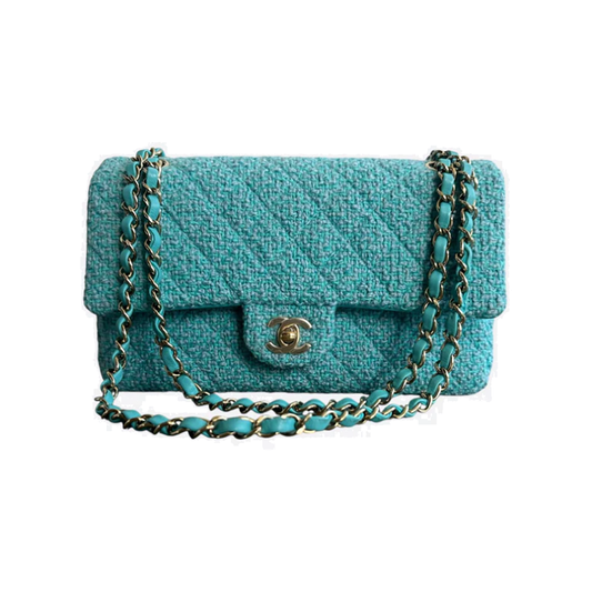 CHANEL TWEED QUILTED MEDIUM FLAP BAG IN TURQUOISE