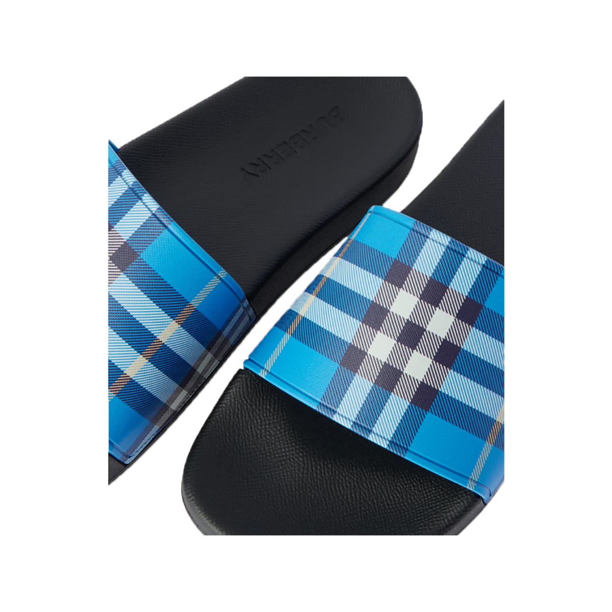 BURBERRY CHECKED CANVAS SLIDERS IN BLUE