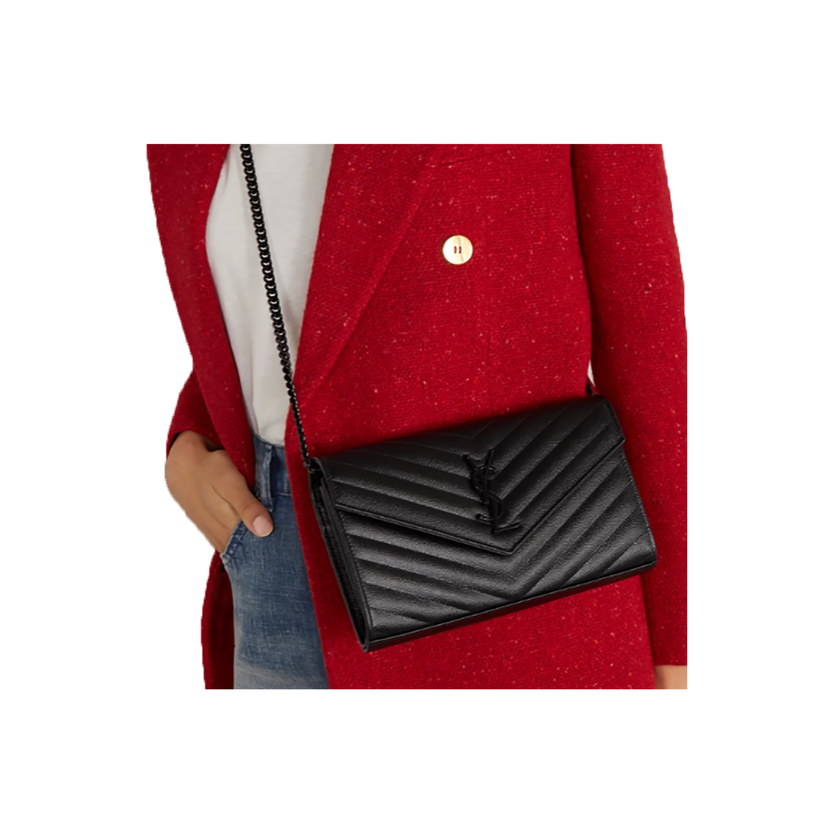 SAINT LAURENT CASSANDRE CHAIN LEATHER WALLET IN BLACK