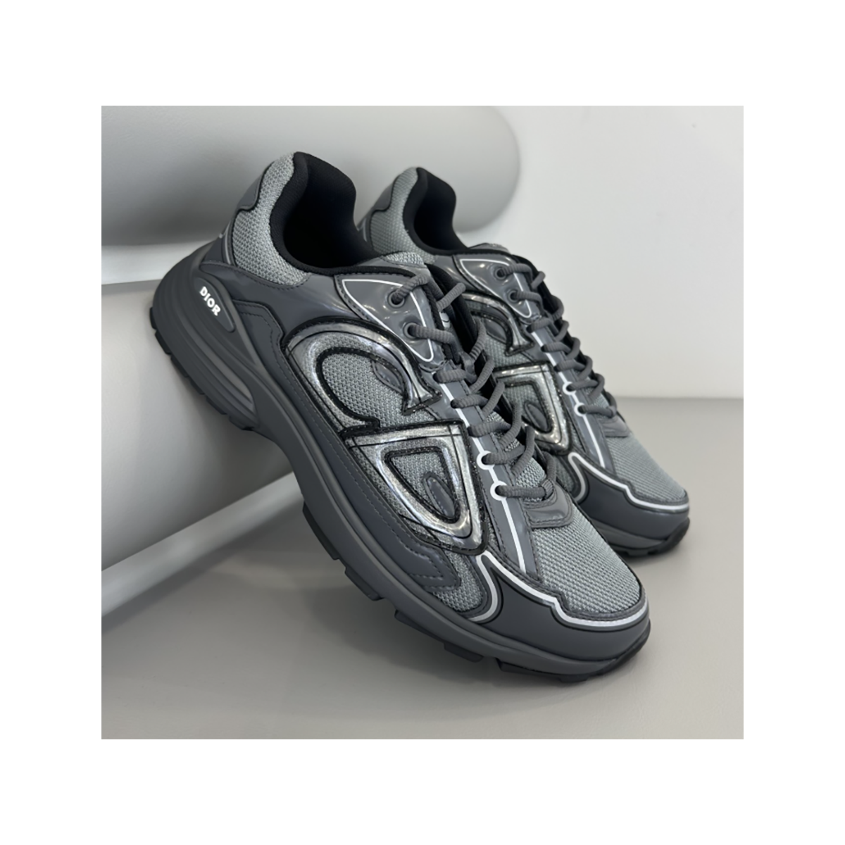 DIOR B30 TECHNICAL MESH & FABRIC BRILLIANT-FINISH TRAINERS IN LIGHT GREY