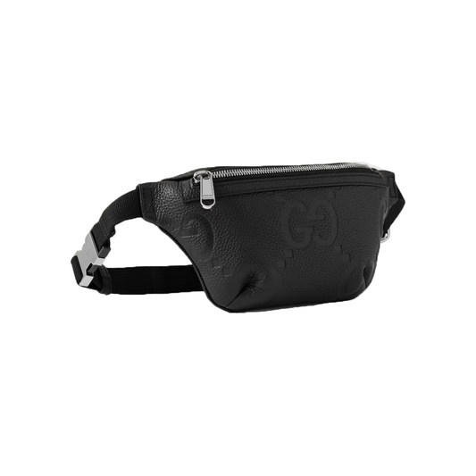 GUCCI LOGO-DEBOSSED FULL GRAIN LEATHER BELT BAG IN BLACK