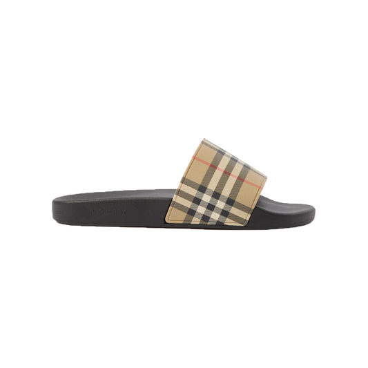 BURBERRY ICONIC CHECK SLIDERS IN ARCHIVE BEIGE