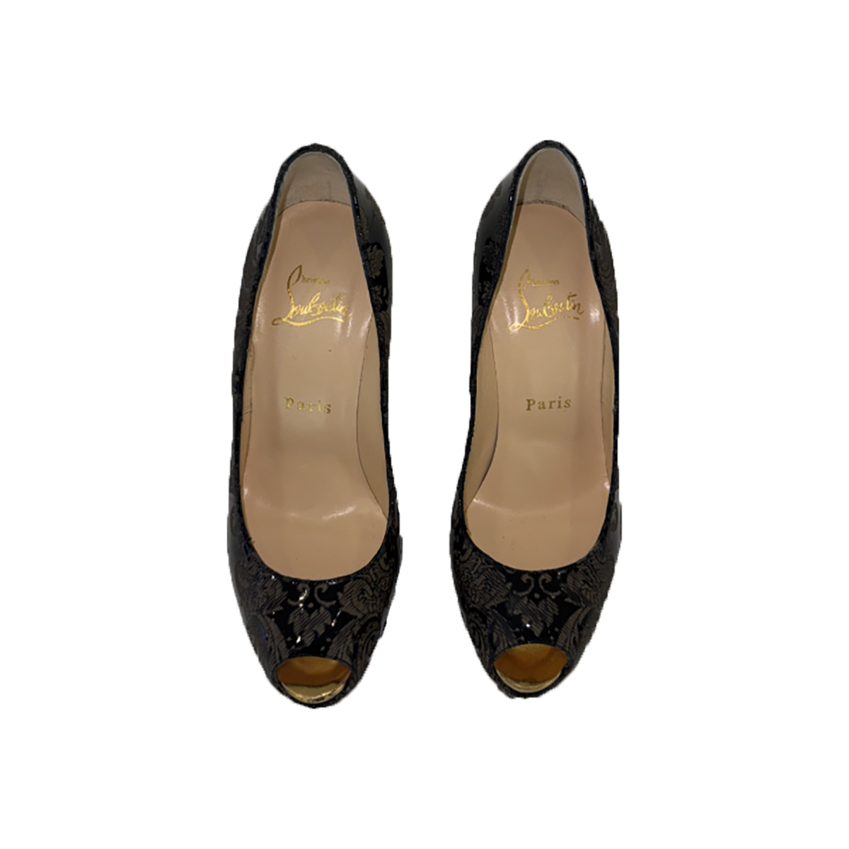 PRLOVED CHRISTIAN LOUBOUTIN PATENT ARABESQUE MOTIF 160 HIGHNESS HEELS