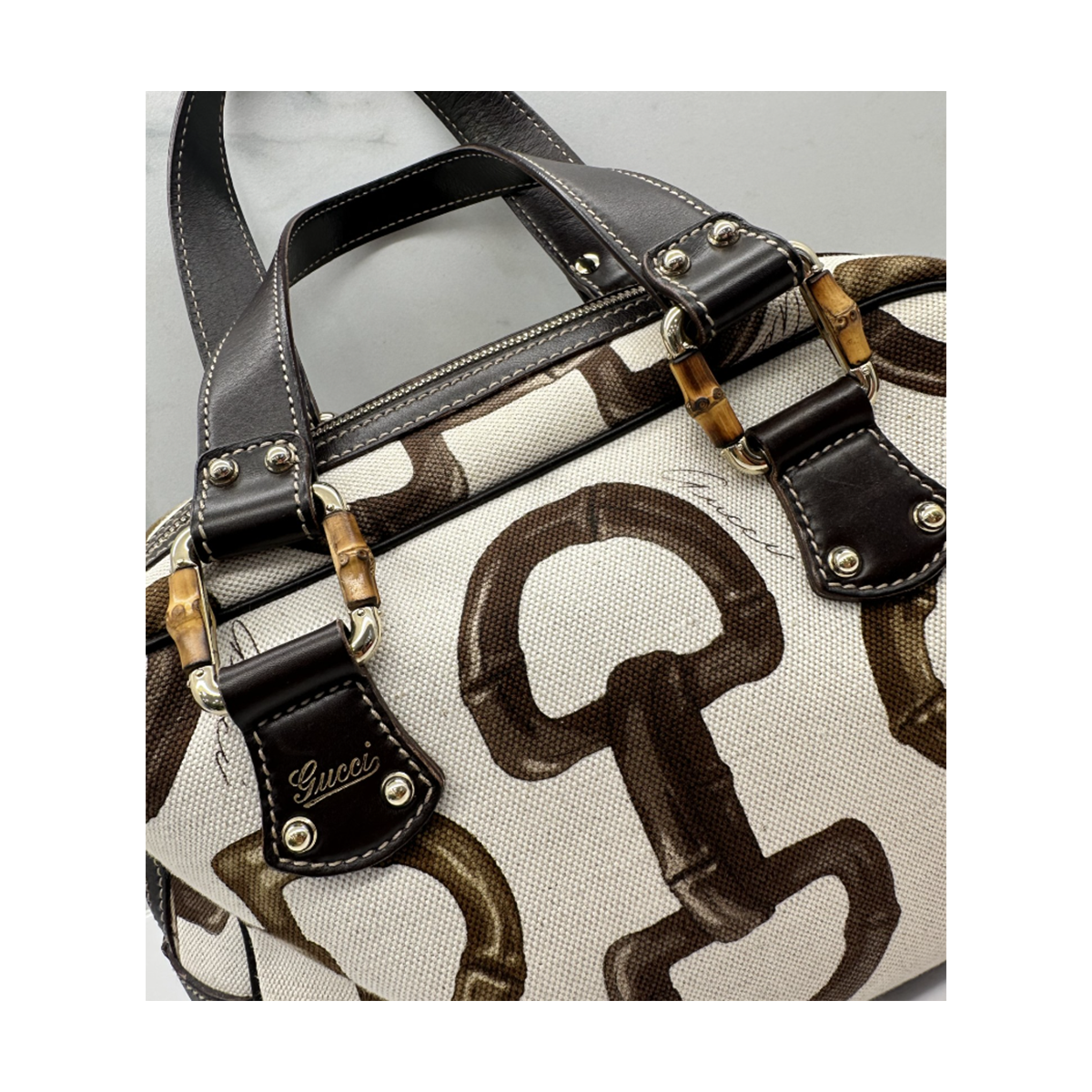 PRELOVED GUCCI BAMBOO HORSEBIT CANVAS BAG IN BEIGE
