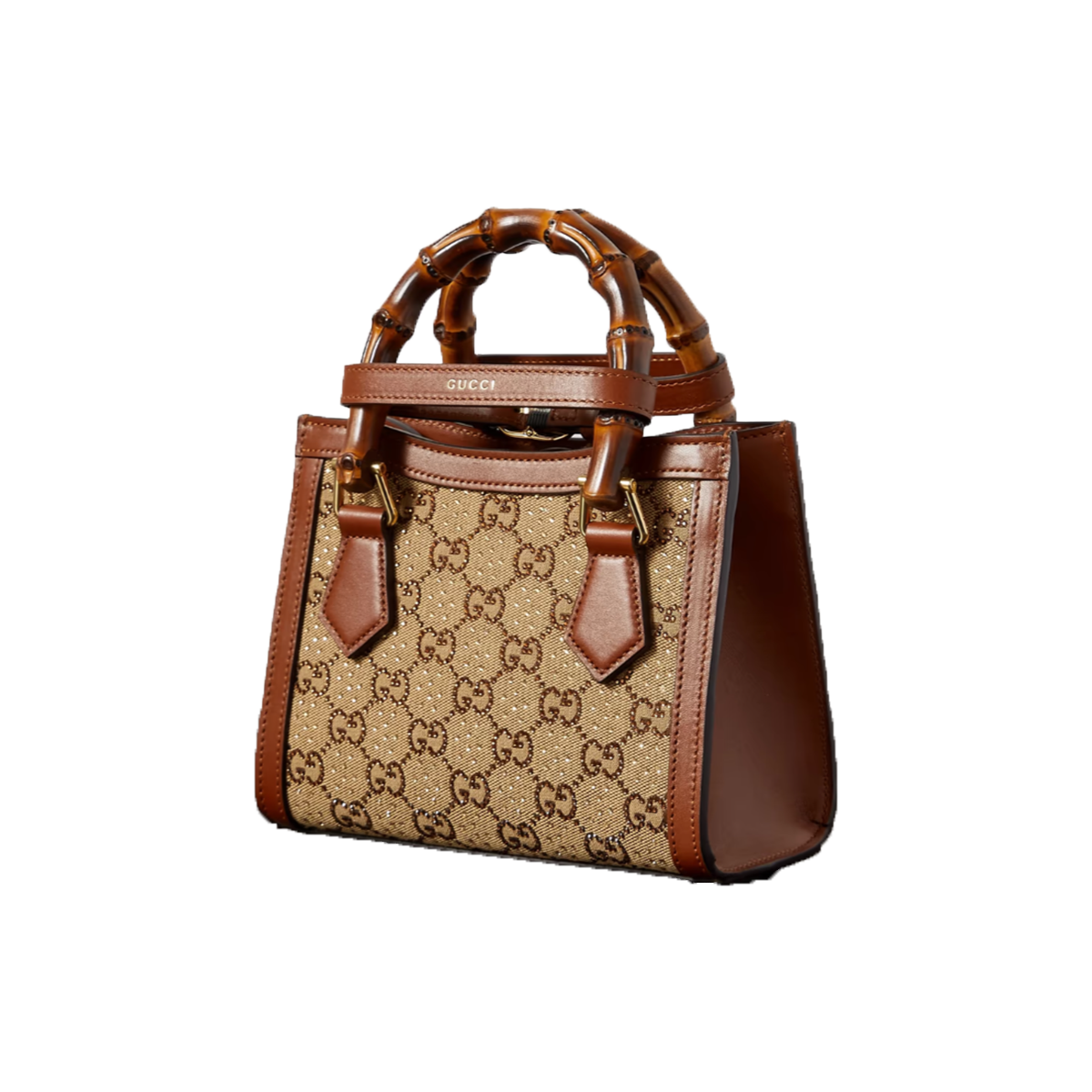 GUCCI DIANA MINI LEAHER-TRIMMED CRYSTAL-EMBELLISHED CANVAS-JACQUARD TOTE