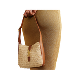 SAINT LAURENT LEATHER-TRIMMED RAFFIA SHOULDER BAG IN BEIGE