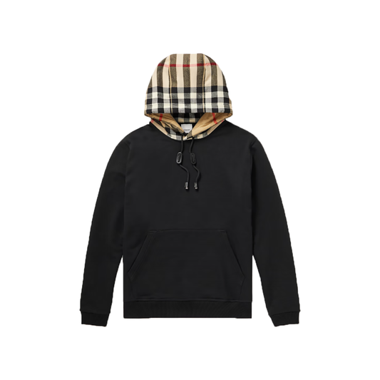 BURBERRY CHECKED HOOD COTTON ZIP SWEATER IN BLACK