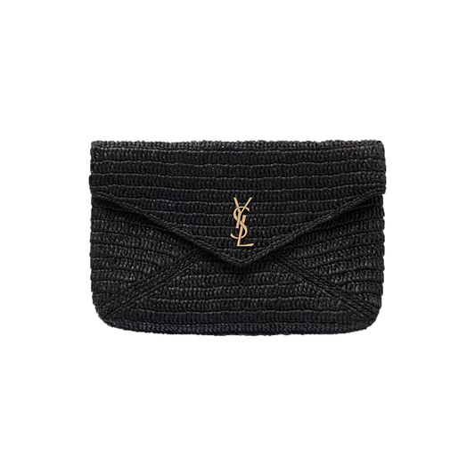 SAINT LAURENT CASSAMDRE RAFFIA CLUTCH BAG IN BLACK