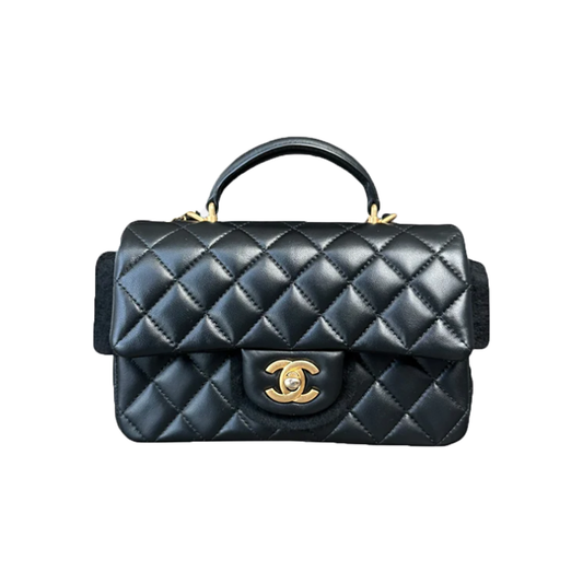 CHANEL LAMBSKIN QUILTED MINI TOP HANDLE BAG IN BLACK