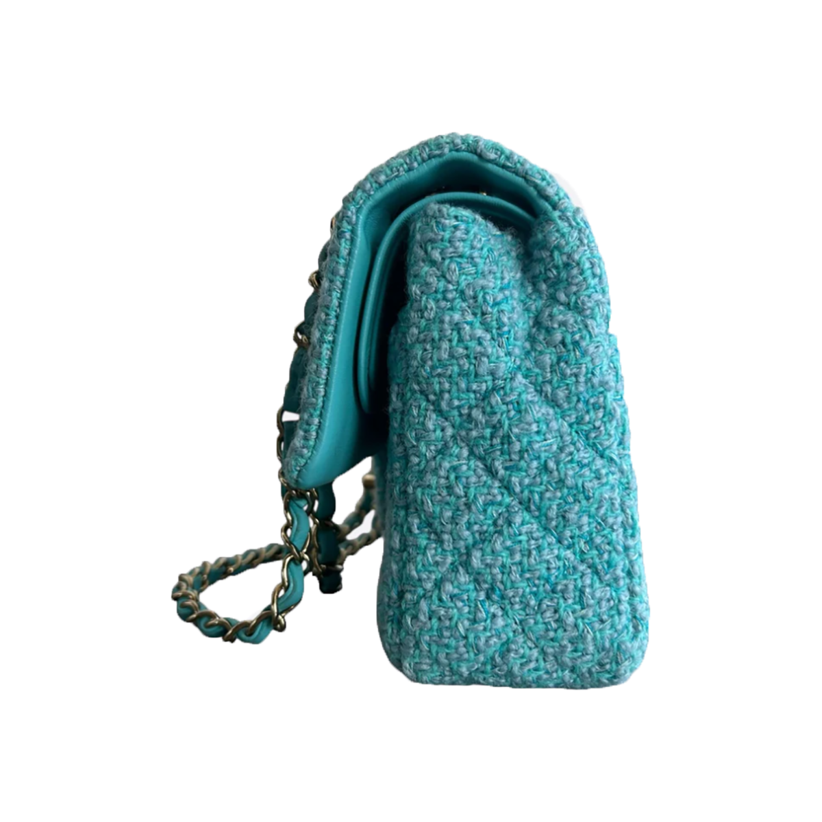 CHANEL TWEED QUILTED MEDIUM FLAP BAG IN TURQUOISE
