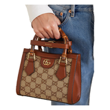 GUCCI DIANA MINI LEAHER-TRIMMED CRYSTAL-EMBELLISHED CANVAS-JACQUARD TOTE