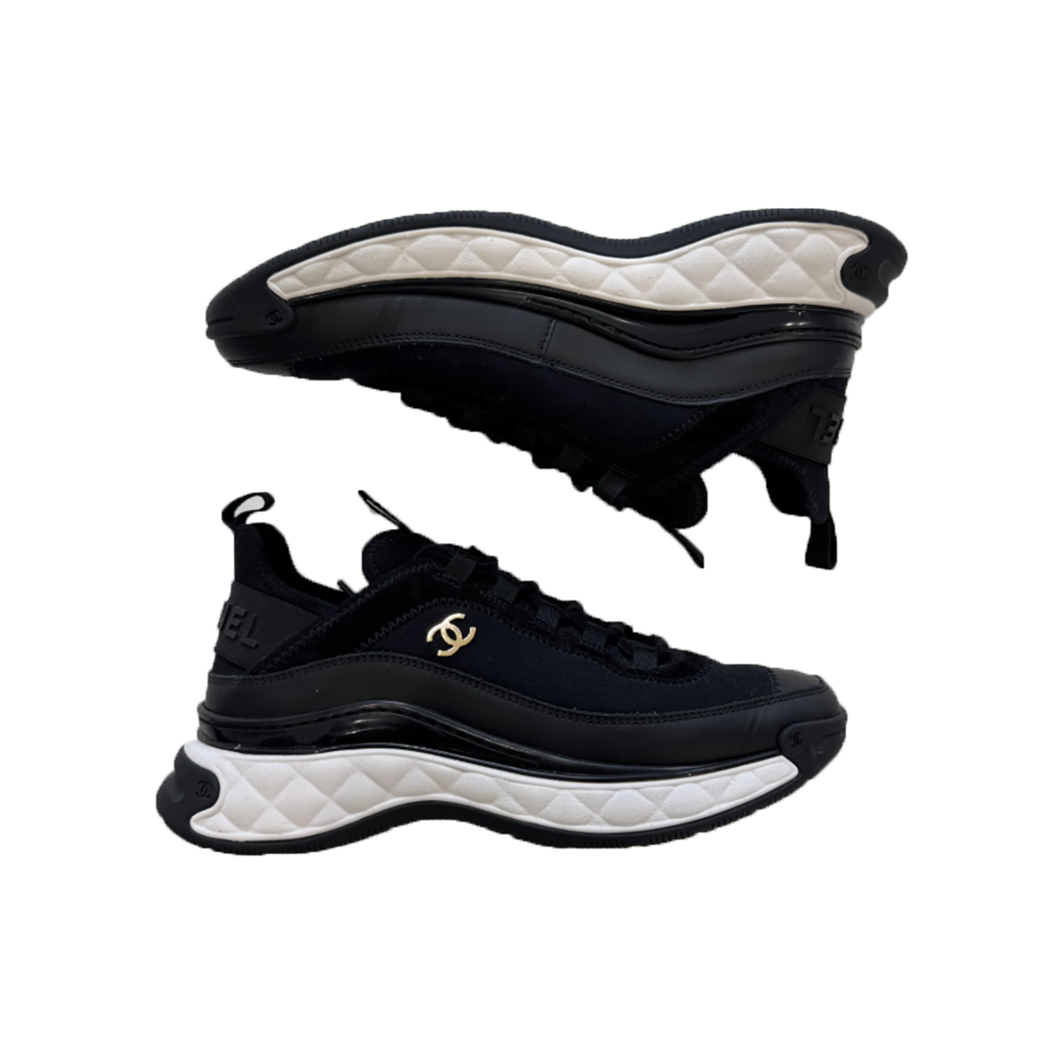 PREOVED CHANEL VELVET CALFSKIN CC TRAINERS IN BLACK