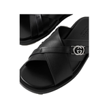 GUCCI MAVERIK LOGO-EMBELLISHED LEATHER SANDLES IN BLACK